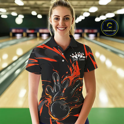 Black And Orange Custom Flame Ladies Bowling Shirts, Bowling Team Shirt Bowling Uniform IPHW7400