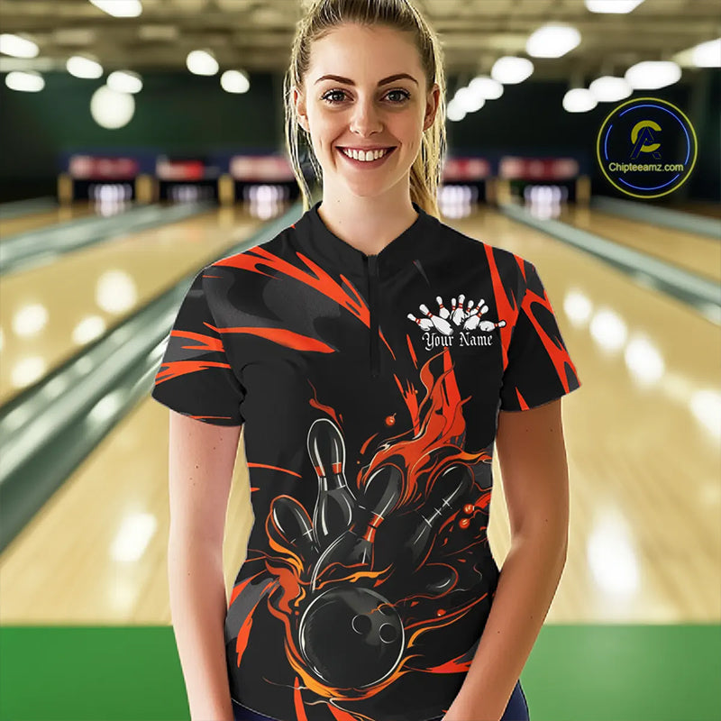 Black And Orange Custom Flame Ladies Bowling Shirts, Bowling Team Shirt Bowling Uniform IPHW7400