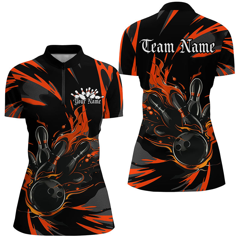 Black And Orange Custom Flame Ladies Bowling Shirts, Bowling Team Shirt Bowling Uniform IPHW7400