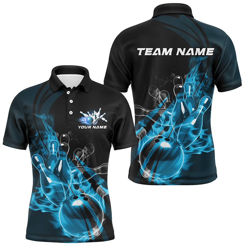 Black And Blue Custom Flame Bowling Team Shirts For Men, Bowling Polo Bowling League Shirts IPHW7418