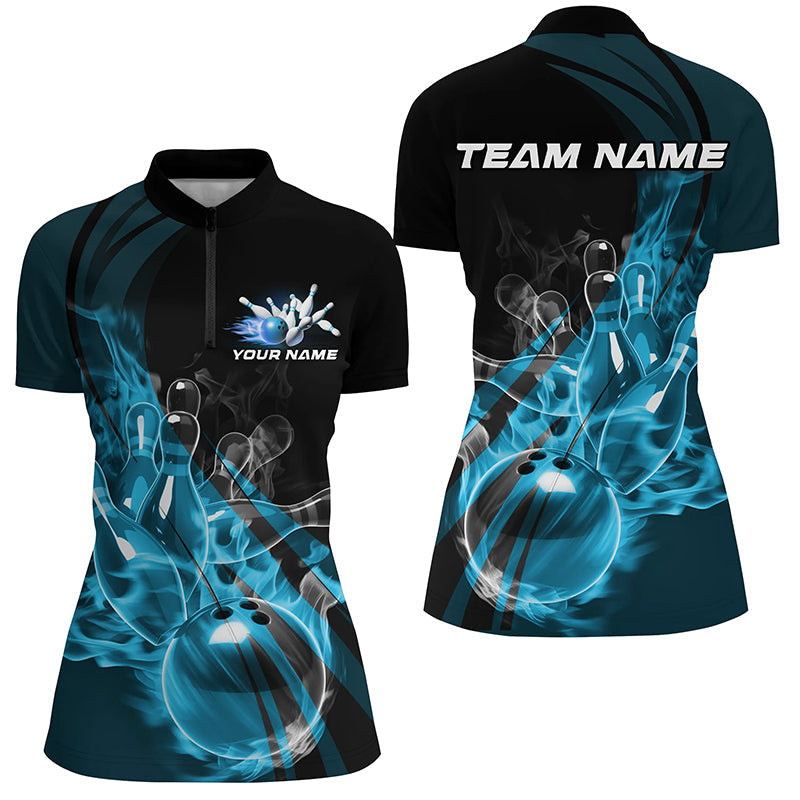 Black And Blue Custom Flame Bowling Team Shirt For Women, Bowling Polo Bowling League Shirt IPHW7418