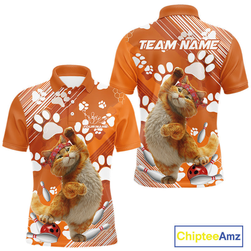 Custom Funny Orange Cat Bowling Men Polo Shirt, Cute Team Cat Paw Bowling Shirt IPHW10101