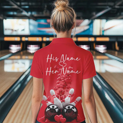 Custom Valentine Day Bowling Red Polo Shirts For Women, Romance Bowling Couple Outfits IPHW8352