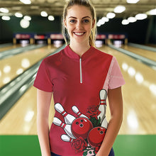 Load image into Gallery viewer, Bowling And Red Roses Custom Valentine Bowling Quarter-Zip Shirts For Women Bowling Couple IPHW8354