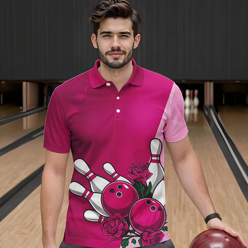 Bowling And Pink Roses Custom Valentine Bowling Polo Shirts For Men Bowling Couple Outfits IPHW8355