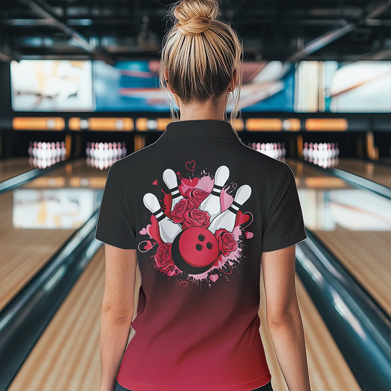 Black And Red Bowling And Roses Custom Valentines Day Bowling Polo Shirts For Women IPHW8359