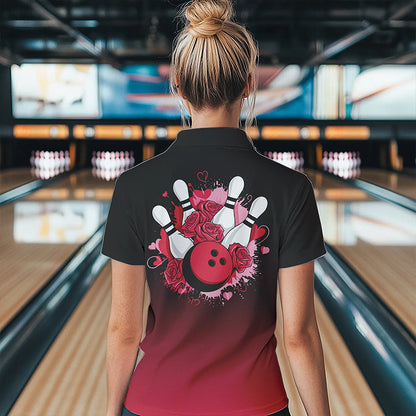 Black And Red Bowling And Roses Custom Valentines Day Bowling Polo Shirts For Women IPHW8359