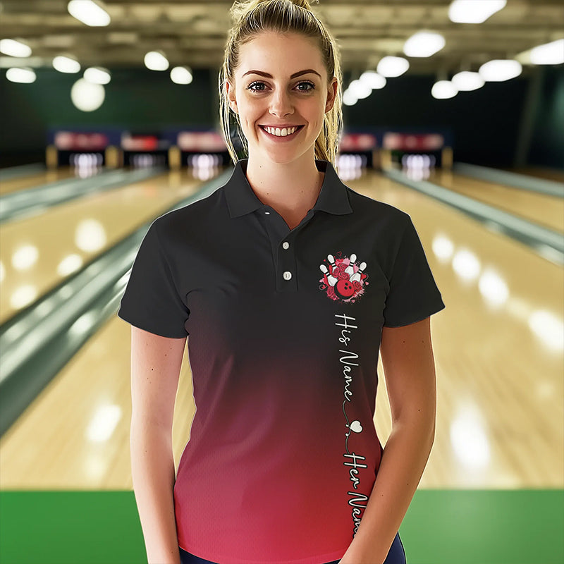 Black And Red Bowling And Roses Custom Valentines Day Bowling Polo Shirts For Women IPHW8359