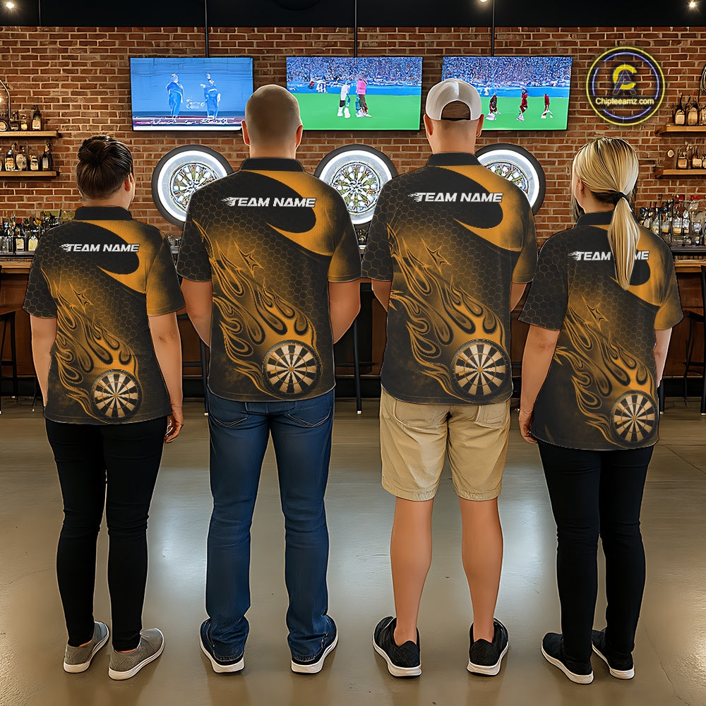 Custom Black And Yellow Flame Dartboard Darts Team Shirts, Dart Tournament Outfits Dart Jerseys For Players IPHW10413