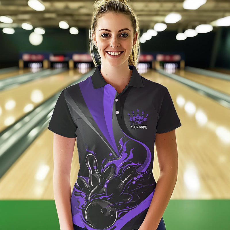 Custom Black And Purple Flame Bowling Polo Shirts For Women, Fire Bowling Team Shirt IPHW8541