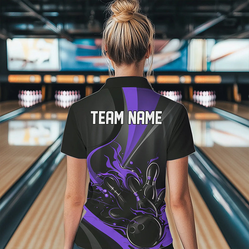 Custom Black And Purple Flame Bowling Polo Shirts For Women, Fire Bowling Team Shirt IPHW8541
