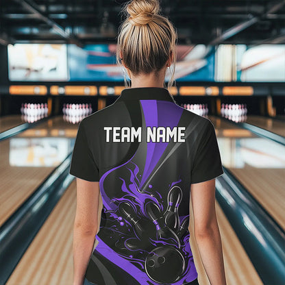 Custom Black And Purple Flame Bowling Polo Shirts For Women, Fire Bowling Team Shirt IPHW8541