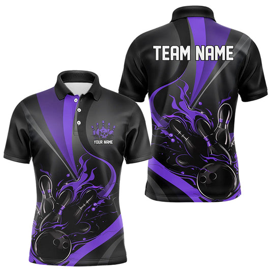 Custom Black And Purple Flame Bowling Polo Shirts For Men, Fire Bowling Team Shirt IPHW8541