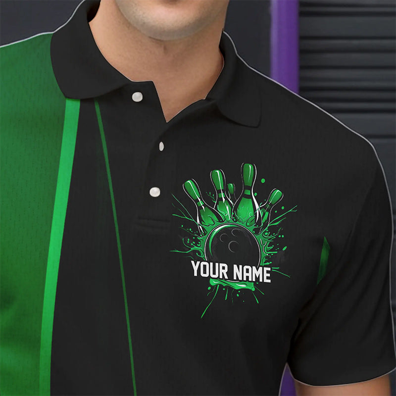 Custom Black And Green Bowling Polo Shirts For Men, Bowling Tournament Team Shirts IPHW8543