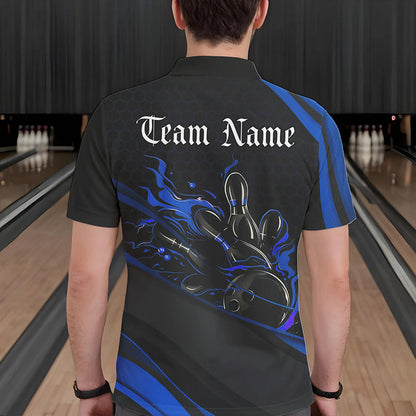 Custom Black And Blue Flame Bowling Polo Shirts For Men, Bowling Tournament Team Shirts IPHW8544