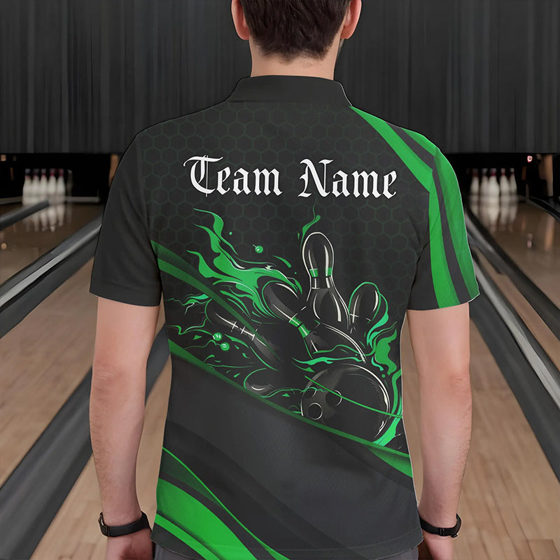 Custom Black And Green Flame Bowling Polo Shirts For Men, Bowling Tournament Team Shirts IPHW8545