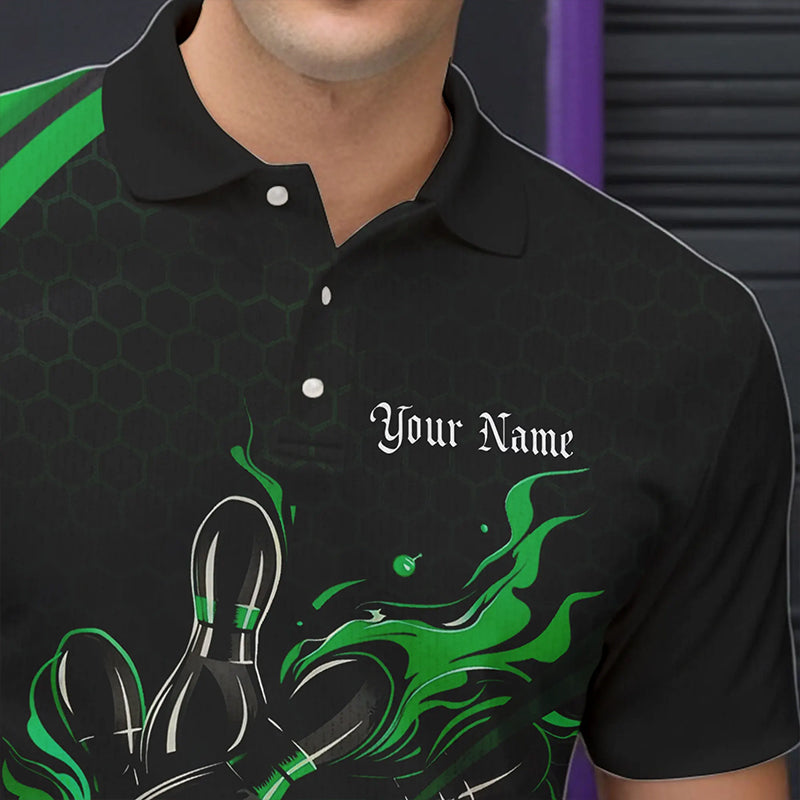 Custom Black And Green Flame Bowling Polo Shirts For Men, Bowling Tournament Team Shirts IPHW8545