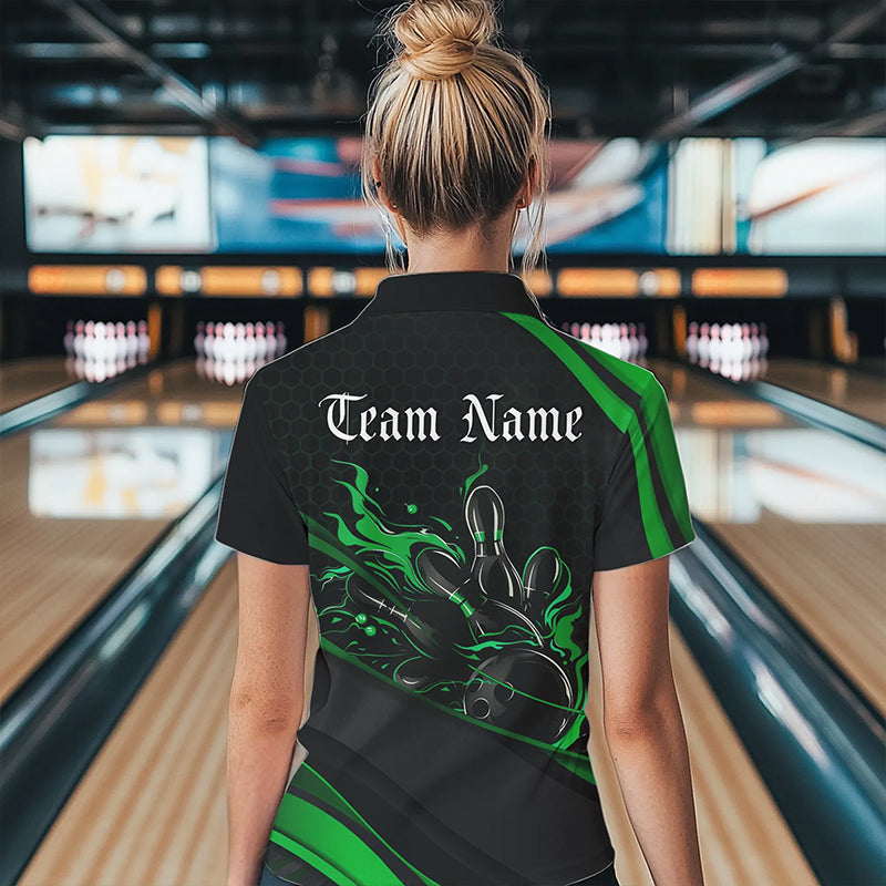 Custom Black And Green Flame Bowling Polo Shirts For Women, Bowling Tournament Team Shirts IPHW8545
