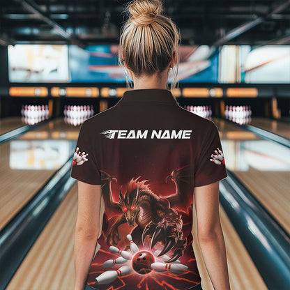 Custom Black And Red Dragon Bowling Team Polo Shirts For Women, Dragon Bowling League Shirt IPHW8549