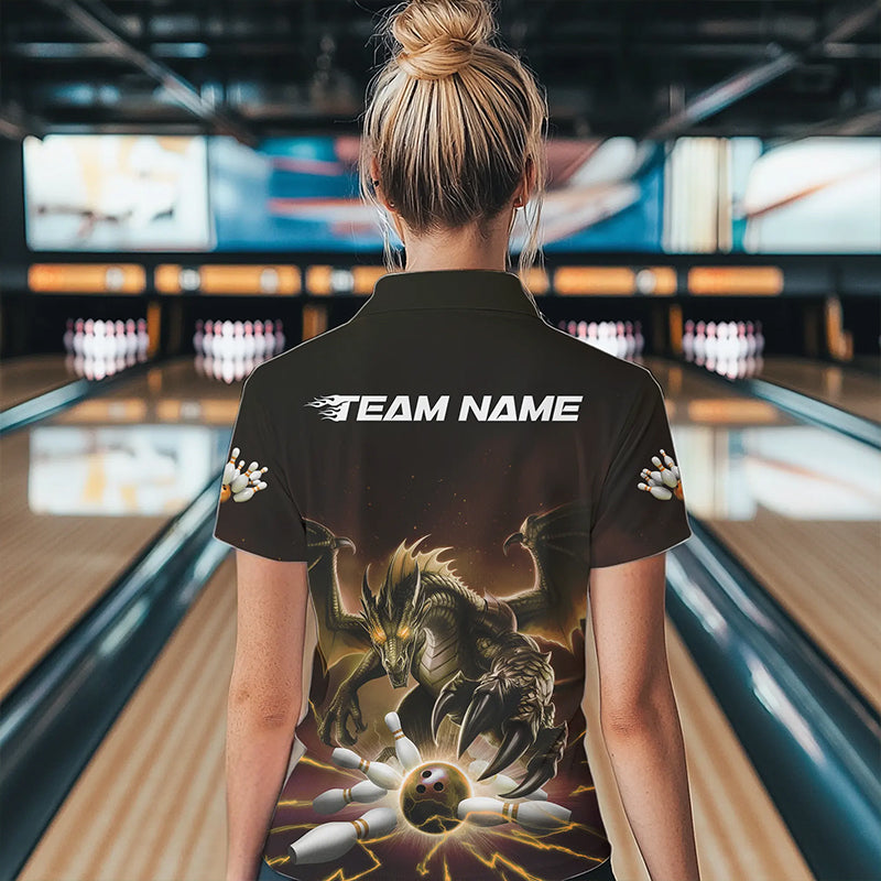 Custom Black And Yellow Dragon Bowling Team Womens Polo Shirts, Dragon Bowling League Shirt IPHW8551