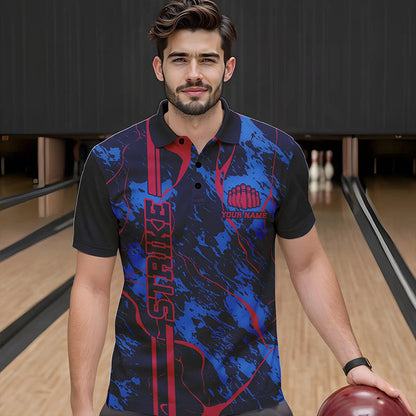Custom Blue And Red Strike Bowling Polo Shirts For Men, Bowling League Team Uniform IPHW8858