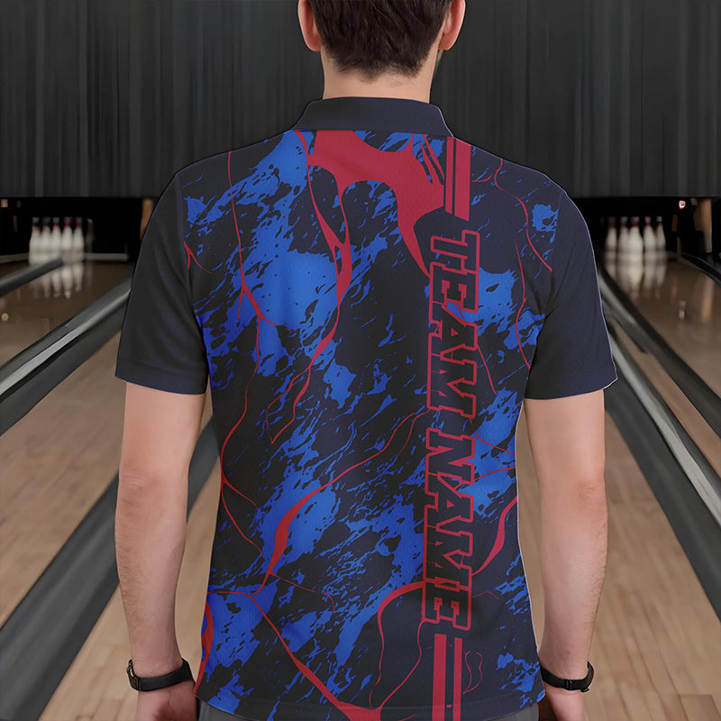 Custom Blue And Red Strike Bowling Polo Shirts For Men, Bowling League Team Uniform IPHW8858