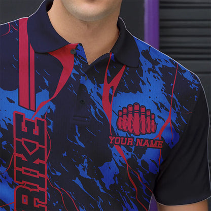 Custom Blue And Red Strike Bowling Polo Shirts For Men, Bowling League Team Uniform IPHW8858