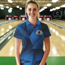 Load image into Gallery viewer, Woman wearing a blue bowling shirt with a logo in a bowling alley