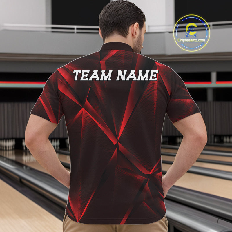 Man wearing a red and black bowling shirt with 'TEAM NAME' on the back, standing in a bowling alley.