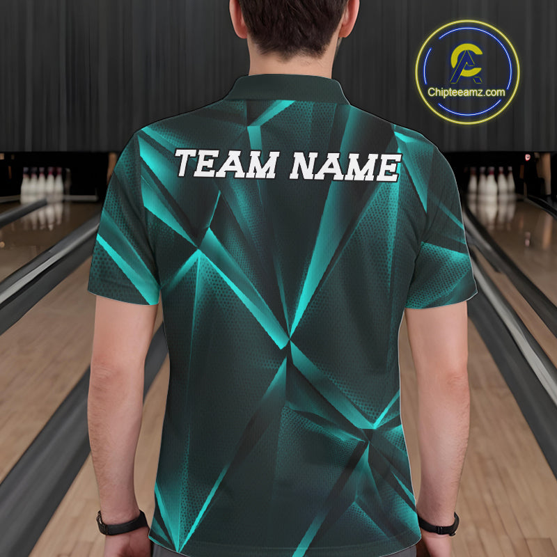 Person wearing a green and black bowling shirt with 'TEAM NAME' on the back, standing in a bowling alley.