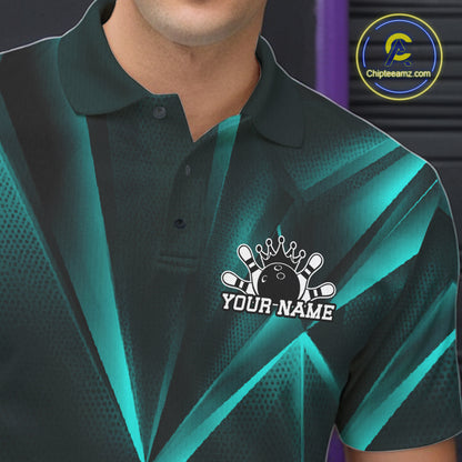 Teal and black polo shirt with a bowling design and 'Your Name' text, brand logo visible.