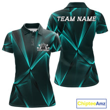 Load image into Gallery viewer, Teal and black polo shirt with geometric pattern, customizable text, and Chiptee Amz branding.