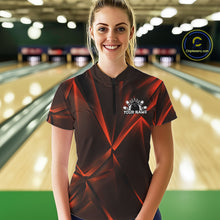 Load image into Gallery viewer, Woman wearing a red and black bowling shirt with a logo in a bowling alley.