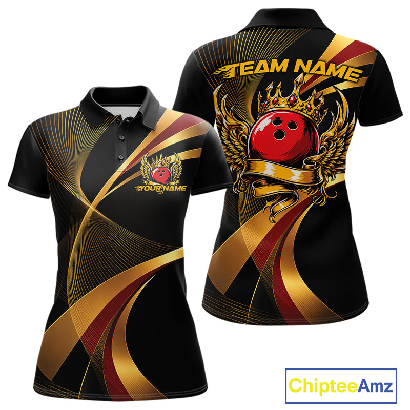 Black polo shirt with gold and red design, featuring a bowling ball and wings, on a white background. 'Chiptee Amz' brand visible.