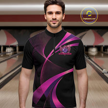 Load image into Gallery viewer, Man wearing a black and purple bowling shirt with a logo in a bowling alley.