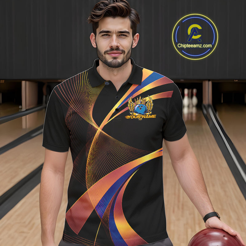 Man wearing a colorful bowling shirt with a logo in a bowling alley.