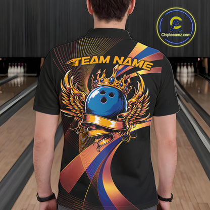 Person wearing a black bowling shirt with colorful design and 'Team Name' text in a bowling alley.