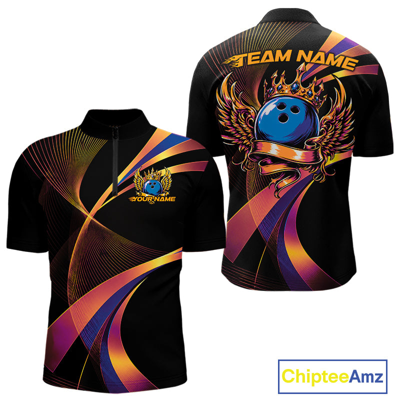 Black bowling shirt with colorful designs and 'Team Name' text on a white background