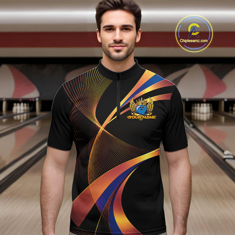 Man wearing a colorful bowling shirt with a logo in a bowling alley.