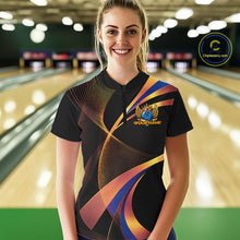 Load image into Gallery viewer, Woman wearing a colorful bowling shirt with a logo in a bowling alley.