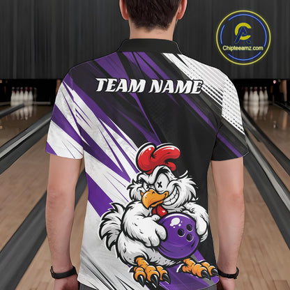 A person viewed from behind wearing a custom bowling-themed short-sleeve shirt with a cartoon chicken holding a purple bowling ball, set against a bowling alley background. The shirt features purple, white, and black diagonal stripes with 'TEAM NAME' printed on the back.