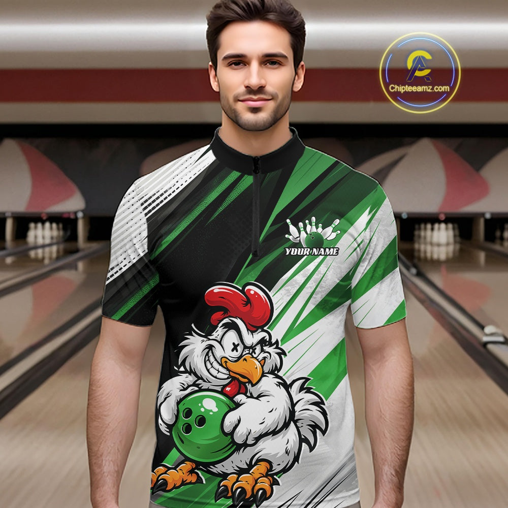 A man wearing a custom bowling jersey with a cartoon rooster holding a green bowling ball. The jersey features a black, green, and white diagonal striped pattern with a white crown logo and the text 'YOUR NAME'.