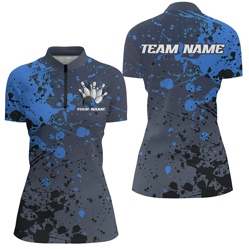 Custom Blue Splatter Bowling Polo Shirts For Women, Custom Bowling Uniforms Bowling Jerseys IPHW7093