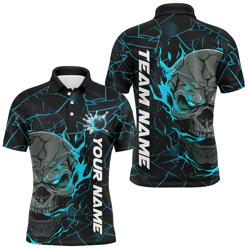 Custom Blue Flame Skull Bowling Shirts For Men, Halloween Bowling Team Outfits IPHW7098