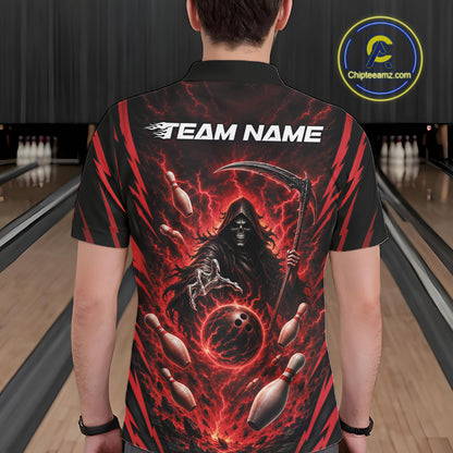 A person viewed from behind wearing a short-sleeve bowling shirt with a dramatic Grim Reaper graphic. The shirt features a black and red lightning-patterned base with a large central illustration of a dark hooded figure holding a scythe, surrounded by red energy effects, bowling pins, and a white 'TEAM NAME' text print across the upper back.