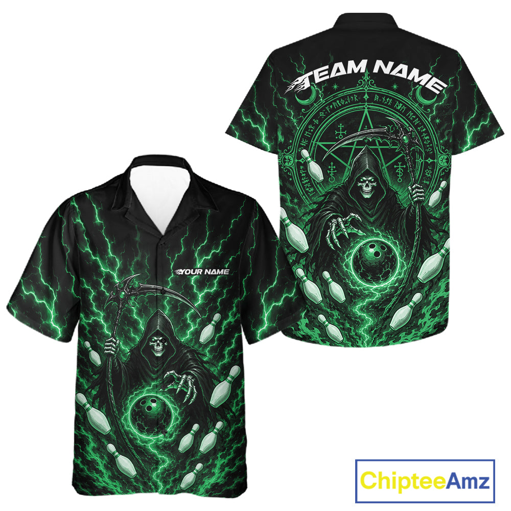 Black short-sleeve button-up shirt shown from front and back, featuring a green and black grim reaper design with lightning, skulls, and gothic symbols. The front has placeholder text 'YOUR NAME' and the back has 'TEAM NAME' 
