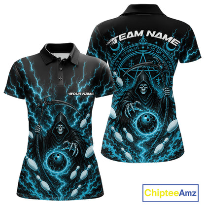 A black short-sleeve polo shirt shown from the front and back, featuring a dramatic blue lightning design with a grim reaper holding a bowling ball and pins, plus customizable text areas reading 'TEAM NAME' and 'YOUR NAME'. 