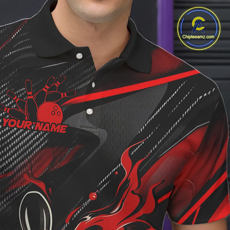 Black And Red Custom Flame Bowling Shirts For Men, Fire Bowling Team Shirt Bowler Jersey IPHW7931