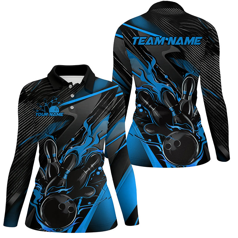 Black And Blue Custom Flame Bowling Shirts For Women, Fire Bowling Team Shirt Bowler Jersey IPHW7932