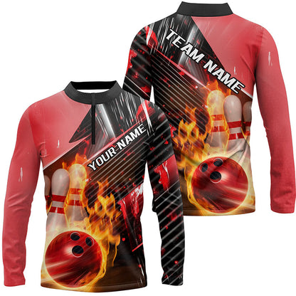 Black And Red Custom Flame Bowling Shirts For Men, Unisex Fire Bowling Team Shirt Bowler Outfit IPHW7938